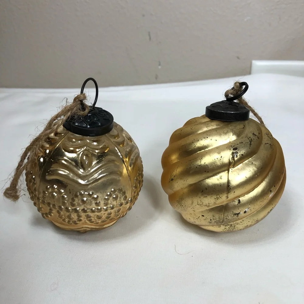 Pottery Barn MERCURY GLASS Embossed Gold Antique Finish‎ Christmas Ornaments 6